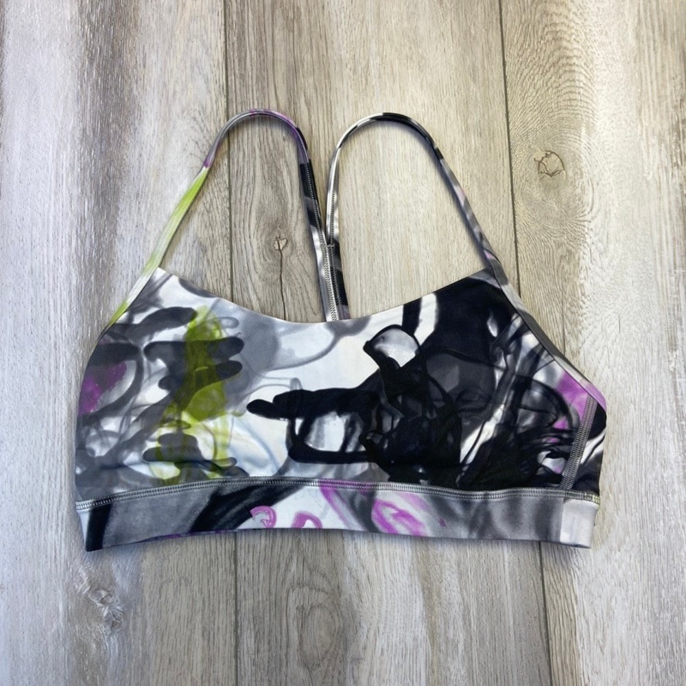Lululemon Flow Y Bra Size 8 Unicorn Dye White Black Nulu Light Support A-C Cups